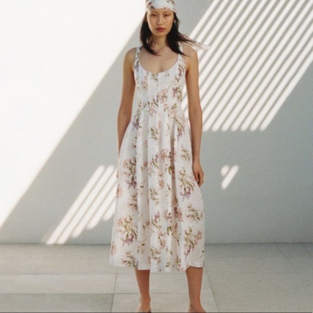 BROCK COLLECTION X H&M COLLABORATION CREAM FLORAL MIDI DRESS SIZE LARGE
